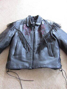 Women’s Unik Black Leather Rose Tassle Motorcycle Jacket Size XL w/ Liner
